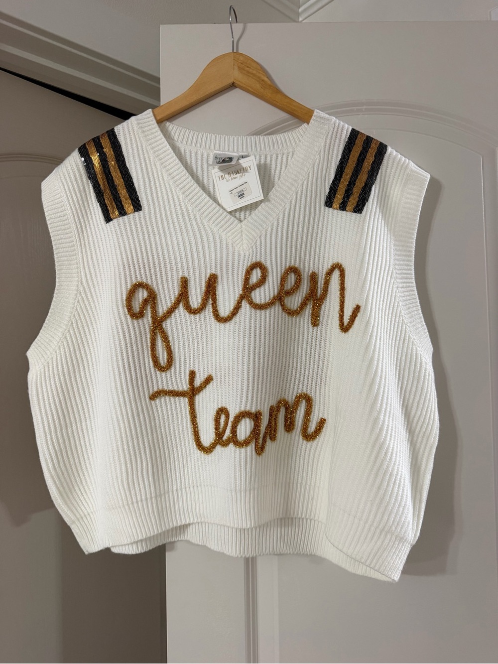 Queen of Sparkles Queen Team White Knit V-Neck Sweater Vest